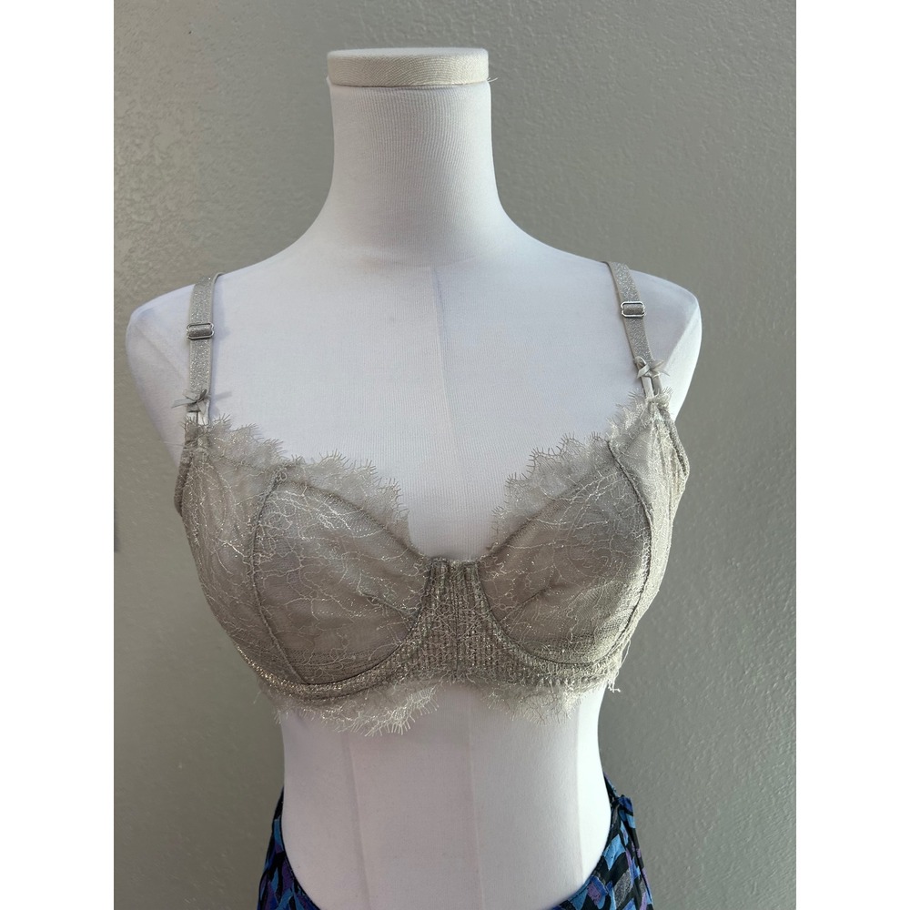 Victoria's Secret Champagne Silver Metallic Lace Unlined Underwire Bra 32DD